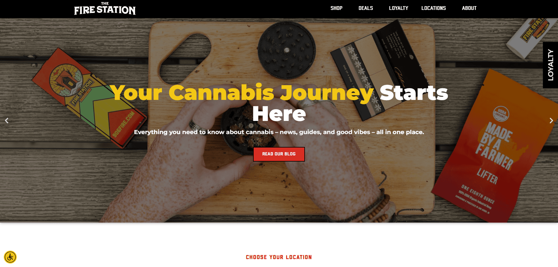 Overhead view of hands using a grinder on a wooden board with cannabis products around it. Text reads: “Your Cannabis Journey Starts Here.” Explore high-performing, compliant cannabis website design—red button: “Read Our Blog.” Fire Station logo at top.