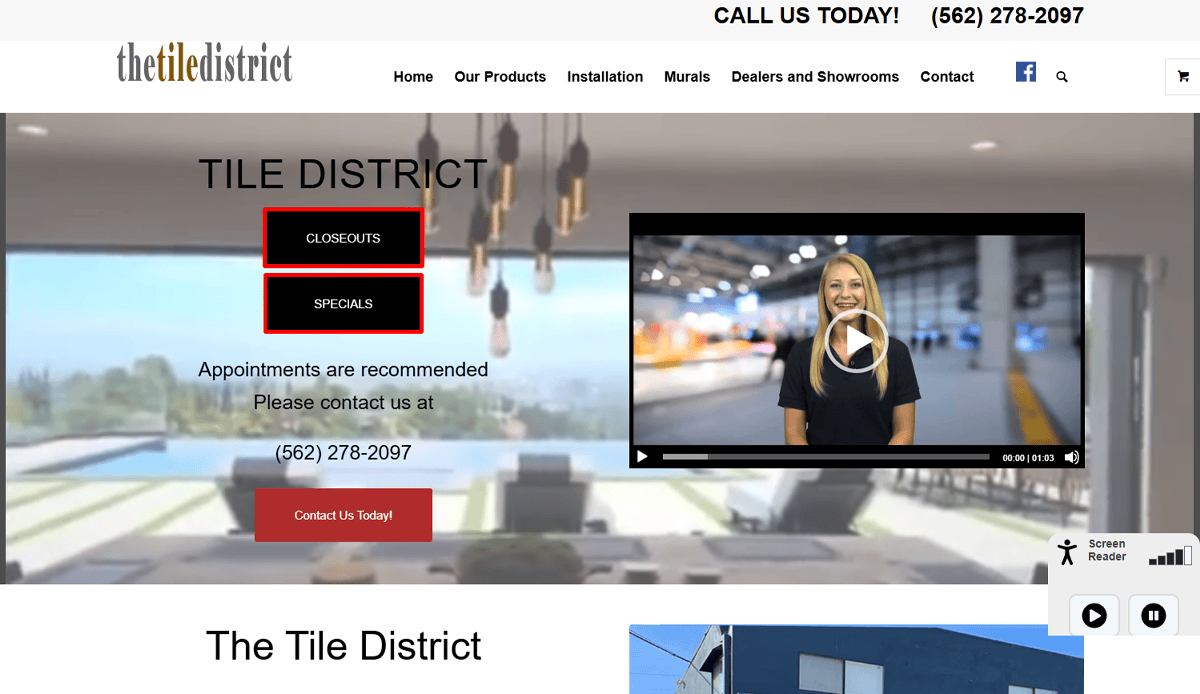 Screenshot of The Tile District homepage with a blurred modern living room background, highlighted CLOSEOUTS and SPECIALS buttons, contact number, lead generation focus, and a woman in a video thumbnail on the right.