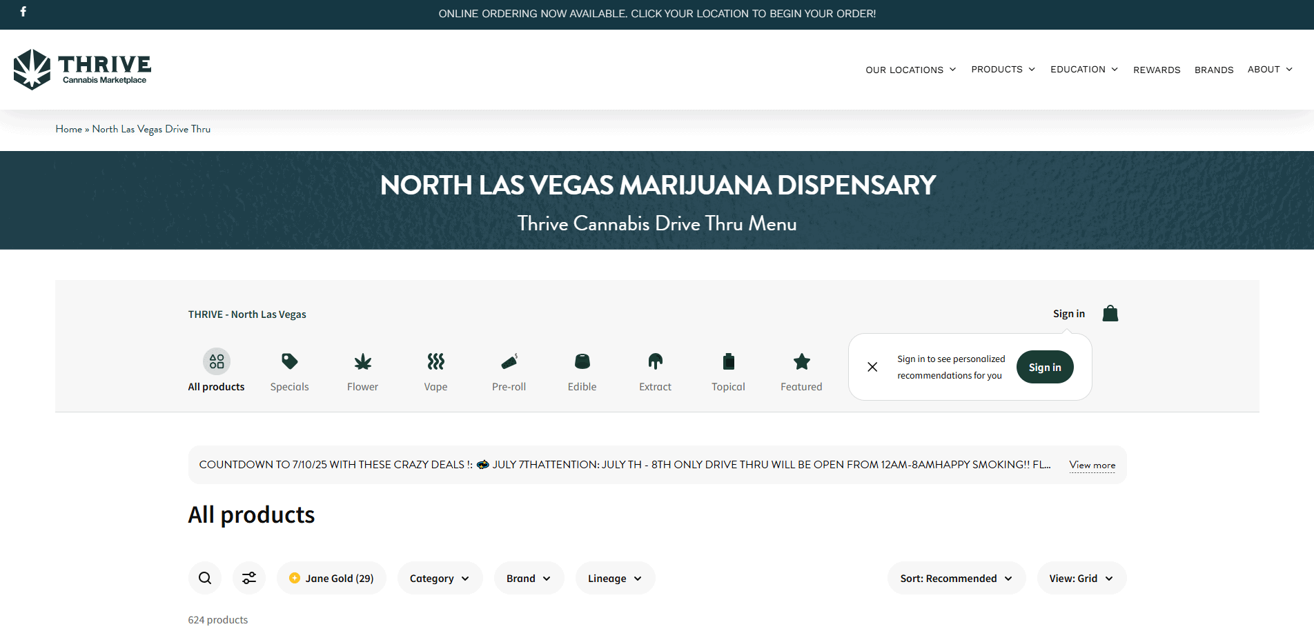 Screenshot of the Thrive Cannabis Marketplace website showcasing a high-performing site design with the North Las Vegas drive-thru menu, navigation options, product categories, and a search bar for browsing marijuana products.