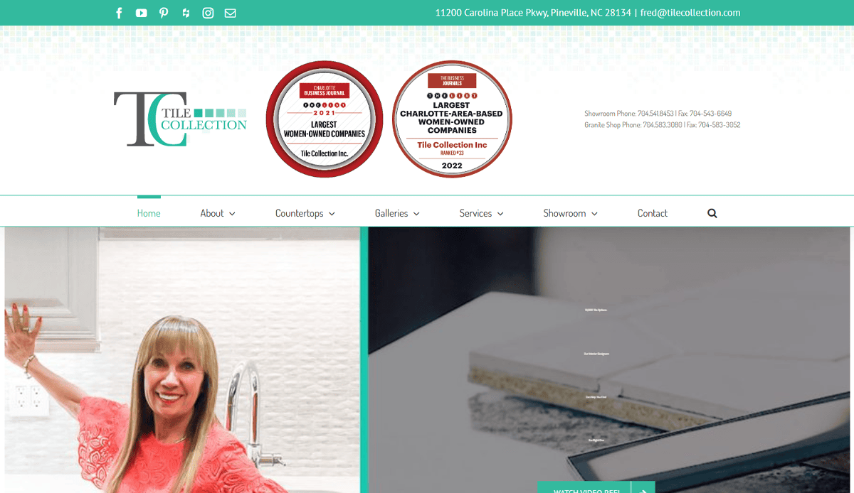 Screenshot of Tile Collection’s homepage, highlighting their tile contractor website design with a smiling woman in a kitchen, company awards, navigation menus for products and galleries, and contact info at the top to boost lead generation.