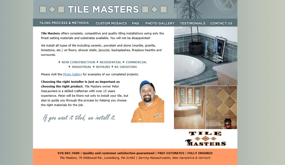 Screenshot of the Tile Masters tile contractor website design, featuring information about their tiling services, a photo of the installer, a navigation menu, and a footer with contact details and service areas. The design uses teal, gray, and orange accents.