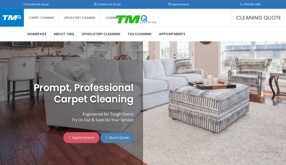 A modern living room with a white sofa, striped chairs, and a gray ottoman showcases a carpet cleaning website design offering prompt, professional services, with buttons for appointments and quotes.