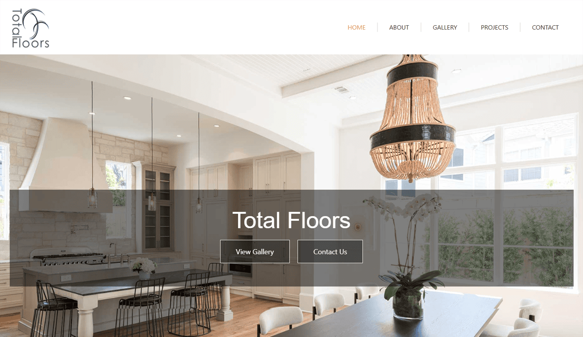 A modern kitchen with white cabinets, bar stools at an island, floor-to-ceiling windows, and a large chandelier. The website header reads Total Floors, showcasing tile contractor website design focused on lead generation and performance.