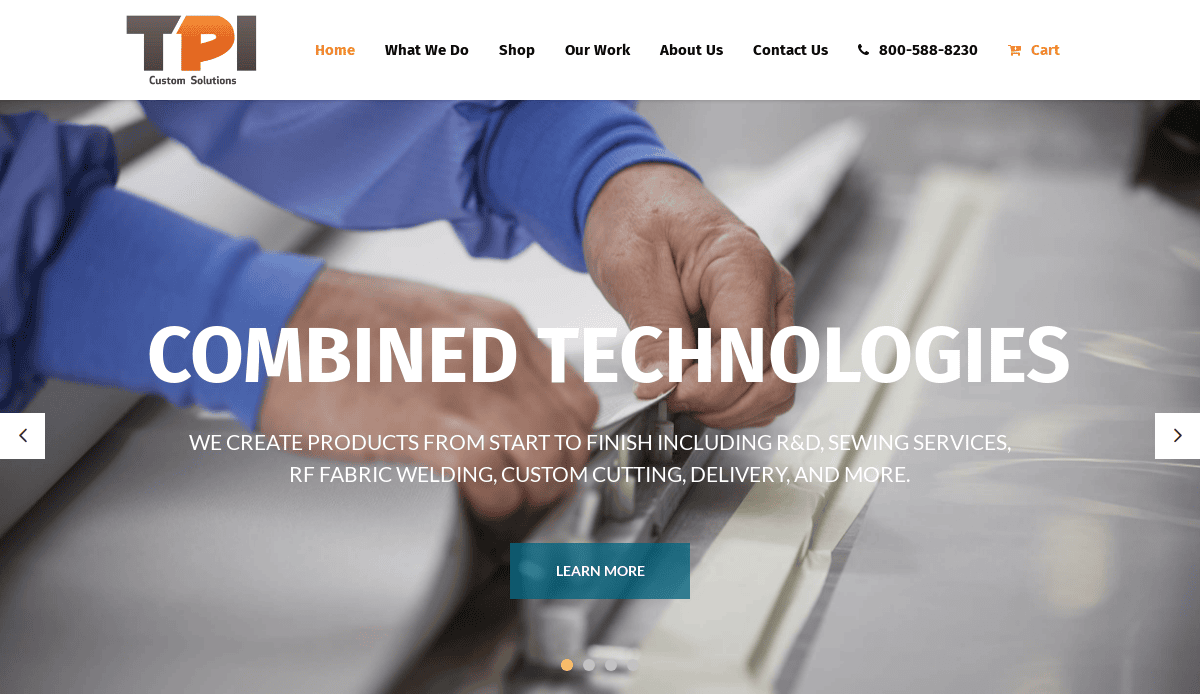 Close-up of hands measuring fabric on a table. The website header features the TPI Custom Solutions logo, navigation, and contact details. Text overlay highlights Combined Technologies and their carpet cleaning website design services.