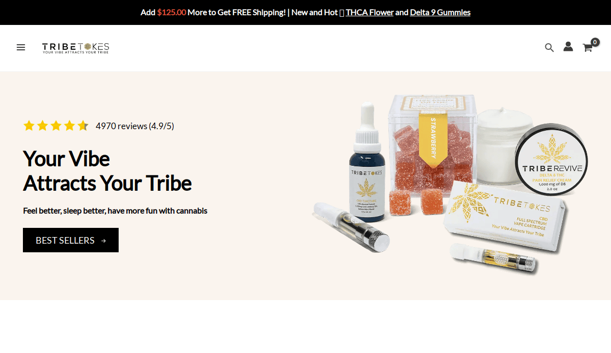 Screenshot of the TribeTokes CBD online store homepage showcasing cannabis products—gummies, vape pens, a candle, and tincture. The site features the text “Your Vibe Attracts Your Tribe” and a 4.9/5 stars rating from 4970 reviews.