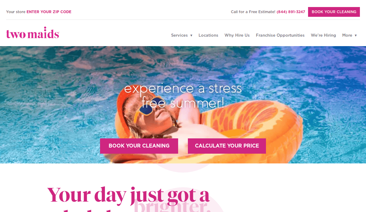 A woman in sunglasses relaxes on an orange pool float in a swimming pool. The text reads experience a stress free summer! with booking and price calculator buttons, highlighting a modern cleaning service website. The header shows two maids.