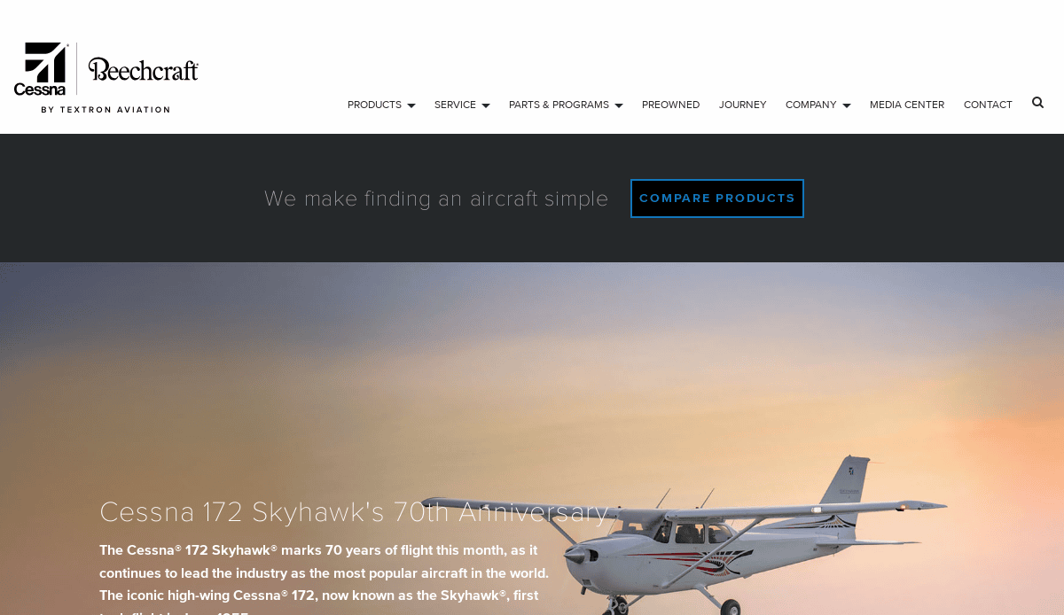 Screenshot of the Cessna Beechcraft website, an aviation website design with a light aircraft soaring at sunset and text celebrating the Cessna 172 Skyhawk’s 70th anniversary. The digital hangar-inspired navigation menu appears at the top.