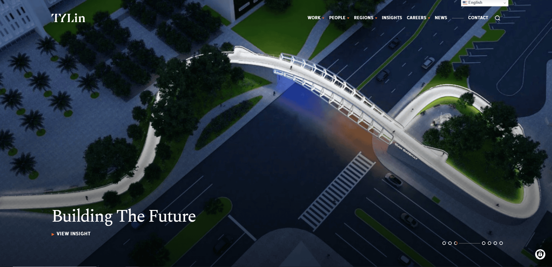 Aerial view of a modern, illuminated pedestrian bridge crossing a city street at night, with nearby trees and cars below. Perfect inspiration for a civil engineering website. Text on image reads, Building The Future.