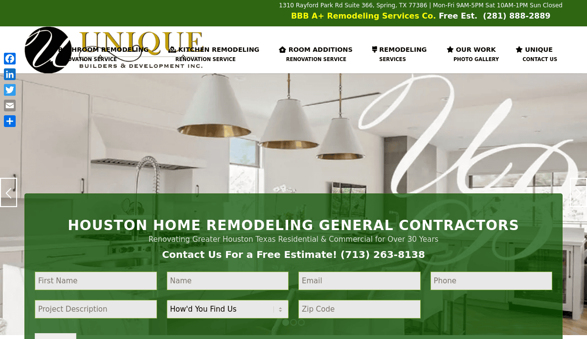 Screenshot of the Unique Builders & Development website, featuring a stylish kitchen with white cabinets and gold pendant lights. A green contact form overlays the image, designed to convert visitors seeking home or bathroom remodeling services in Houston.