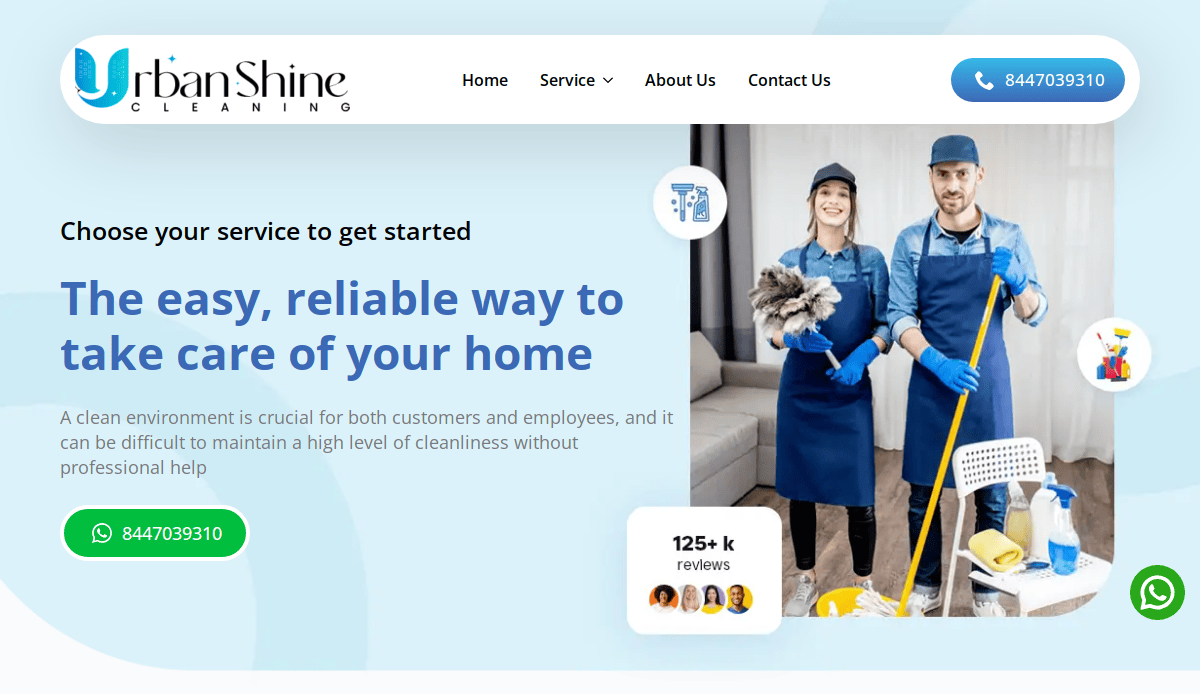 Two smiling cleaning service workers in blue uniforms and gloves stand with supplies in a bright room. The cleaning service website promotes Urban Shine Cleaning with contact options and a customer review count.
