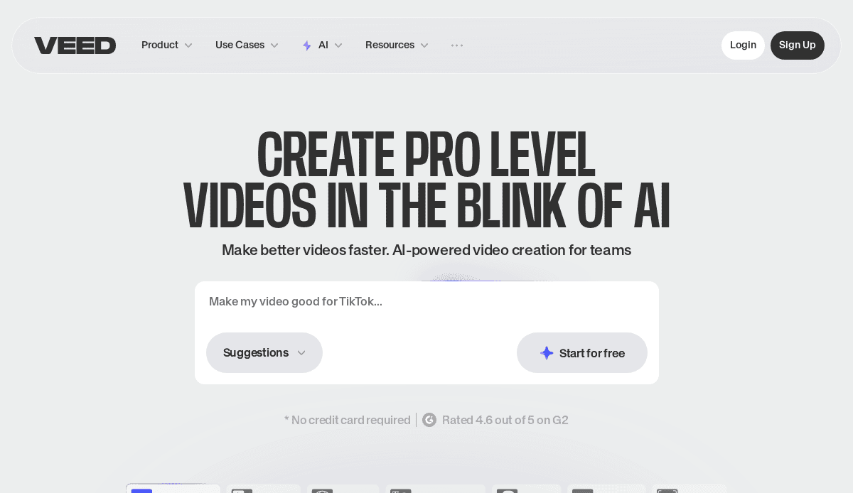 A website homepage for VEED, an AI-powered video creation platform with a bold headline: Create pro level videos in the blink of AI, showcases smart AI website design and a call-to-action button labeled Start for free.