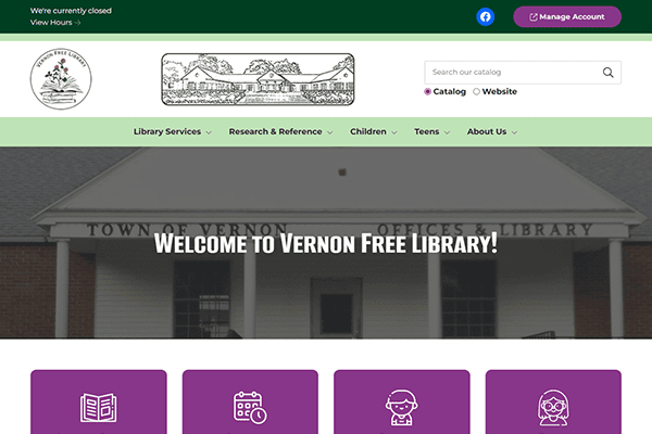Screenshot of the Vernon Free Library website homepage, featuring the Vernon Free Library logo, search bar, navigation menu, and sections for library services, research, children, teens, and about us.