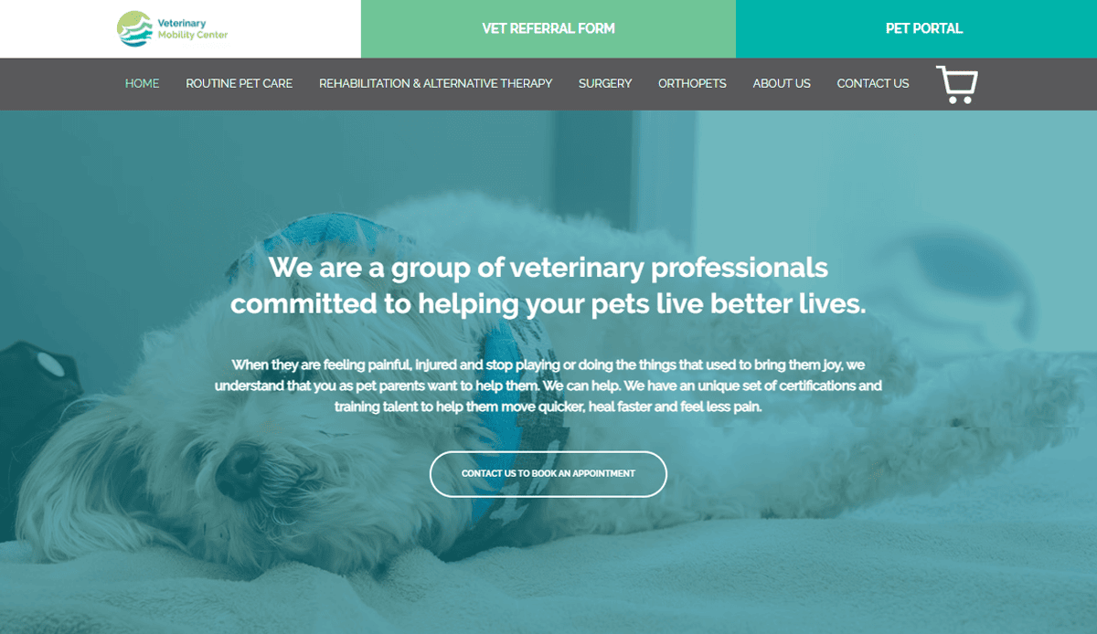 A fluffy white dog lies on a blanket. Text overlay reads: “We are a group of veterinary professionals committed to helping your pets live better lives.” Explore our professional veterinary website—book your appointment today. Veterinary Mobility Center logo visible.