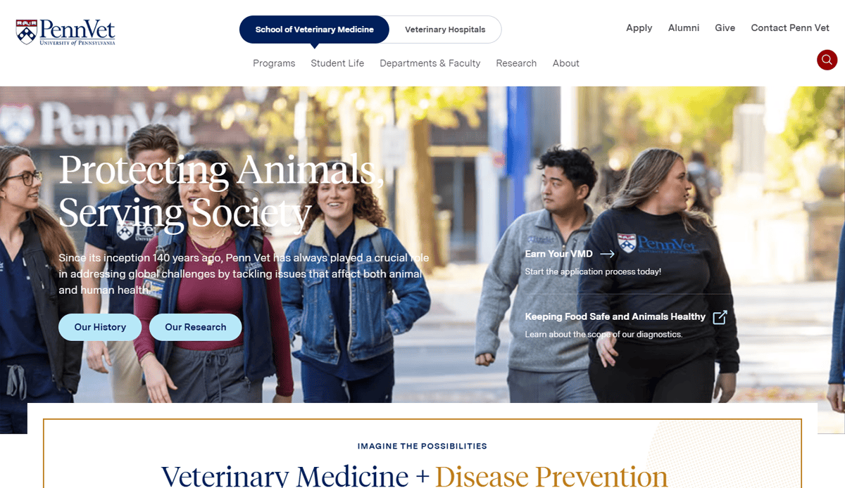A group of five people, including students, walk together and smile on a campus path with trees and university banners in the background. The text promotes PennVet, animal health initiatives, and highlights their professional veterinary website.