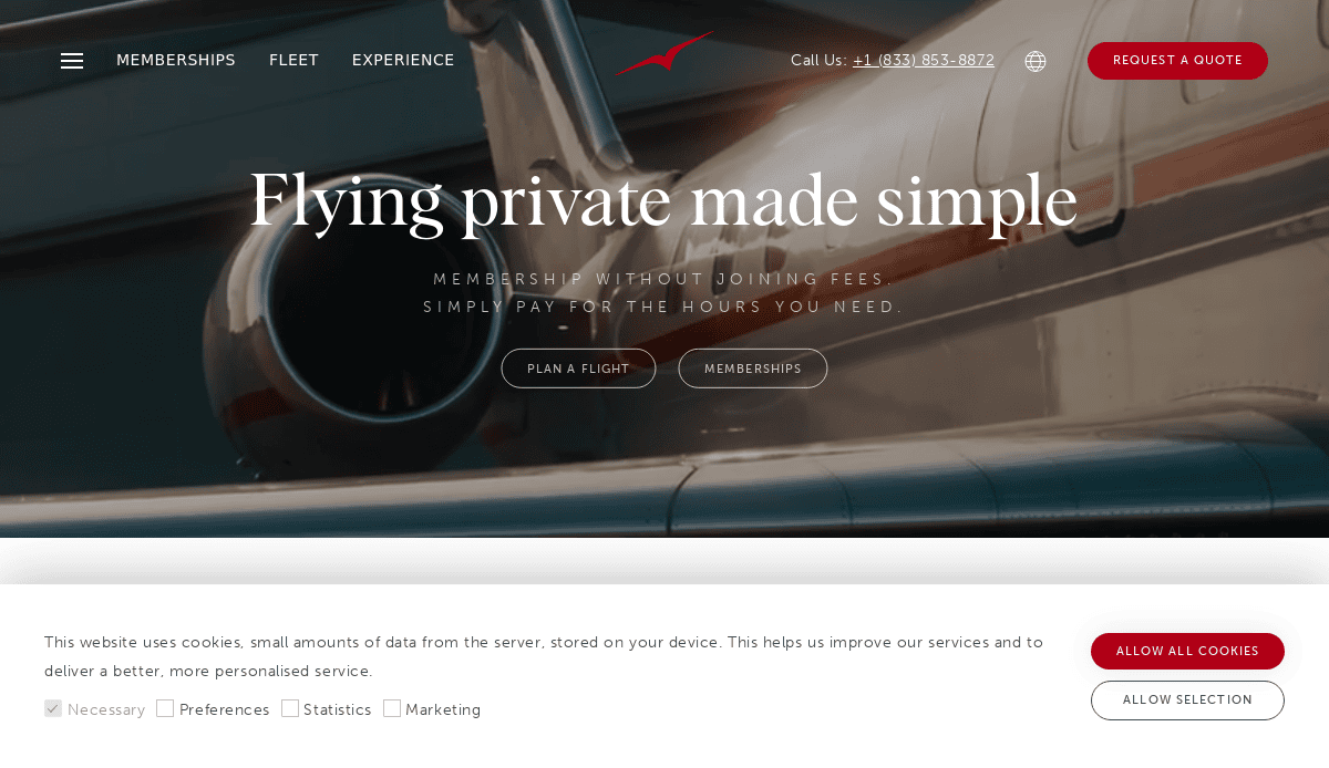 A close-up of a private jet with text overlay: “Flying private made simple. Membership without joining fees. Simply pay for the hours you need.” Website navigation, buttons, and a digital hangar-inspired Aviation website design are visible.