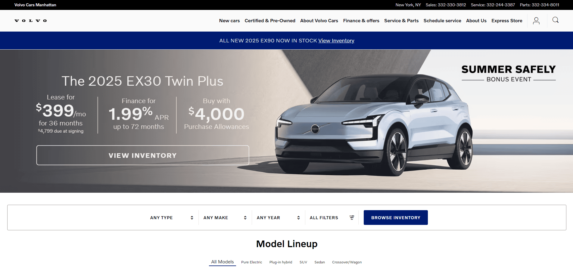 A silver 2025 Volvo EX30 Twin Plus SUV is parked in front of a modern backdrop, with promotional leasing and purchasing offers—showcasing how great automotive website design turns clicks into customers.