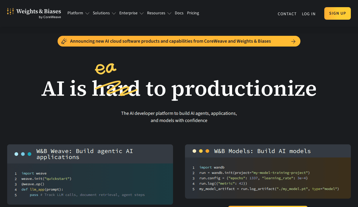 Screenshot of the Weights & Biases homepage showcasing thoughtful AI website design: a dark header, an orange banner for new cloud software, and bold white text declaring AI is hard to productionize—with hard replaced by easier.