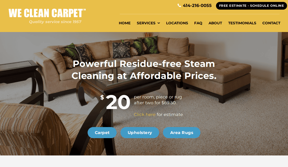 A modern living room with beige carpet, tan sofa, patterned pillows, and a glass coffee table. Overlay text promotes affordable steam cleaning at $20 per room by We Clean Carpet—perfect inspiration for your Carpet Cleaning Website Design.