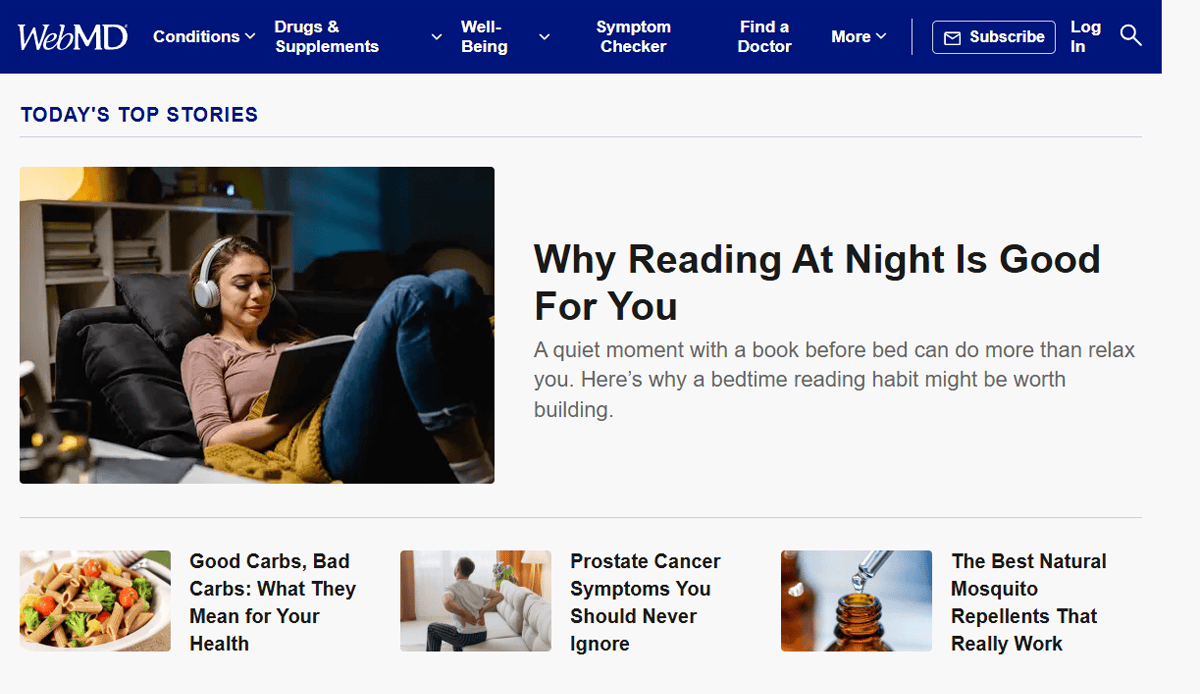 A woman relaxes on a couch at night, reading a book and wearing headphones. The WebMD article headline reads: Why Reading At Night Is Good For You—just one of many tips featured for health website growth. Other health story links are shown below.