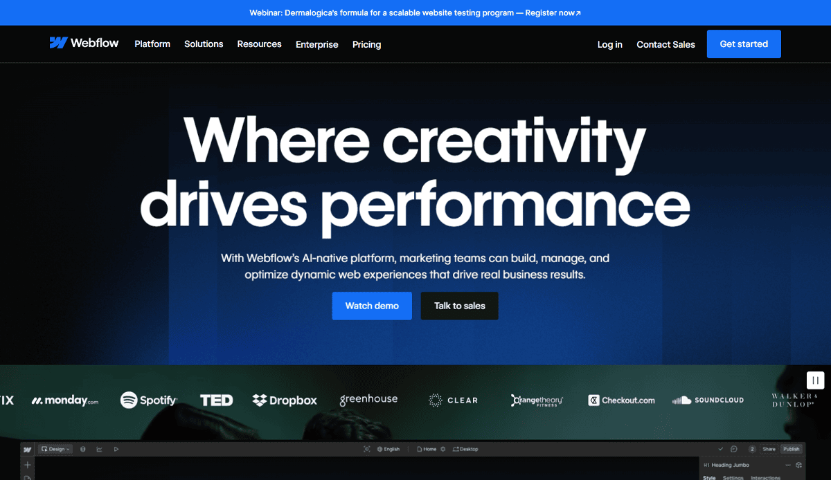 Screenshot of the Webflow website homepage, showcasing modern website design with the headline “Where creativity drives performance” over a blue gradient background, plus navigation links and partner logos—perfect inspiration for your next conference website design.