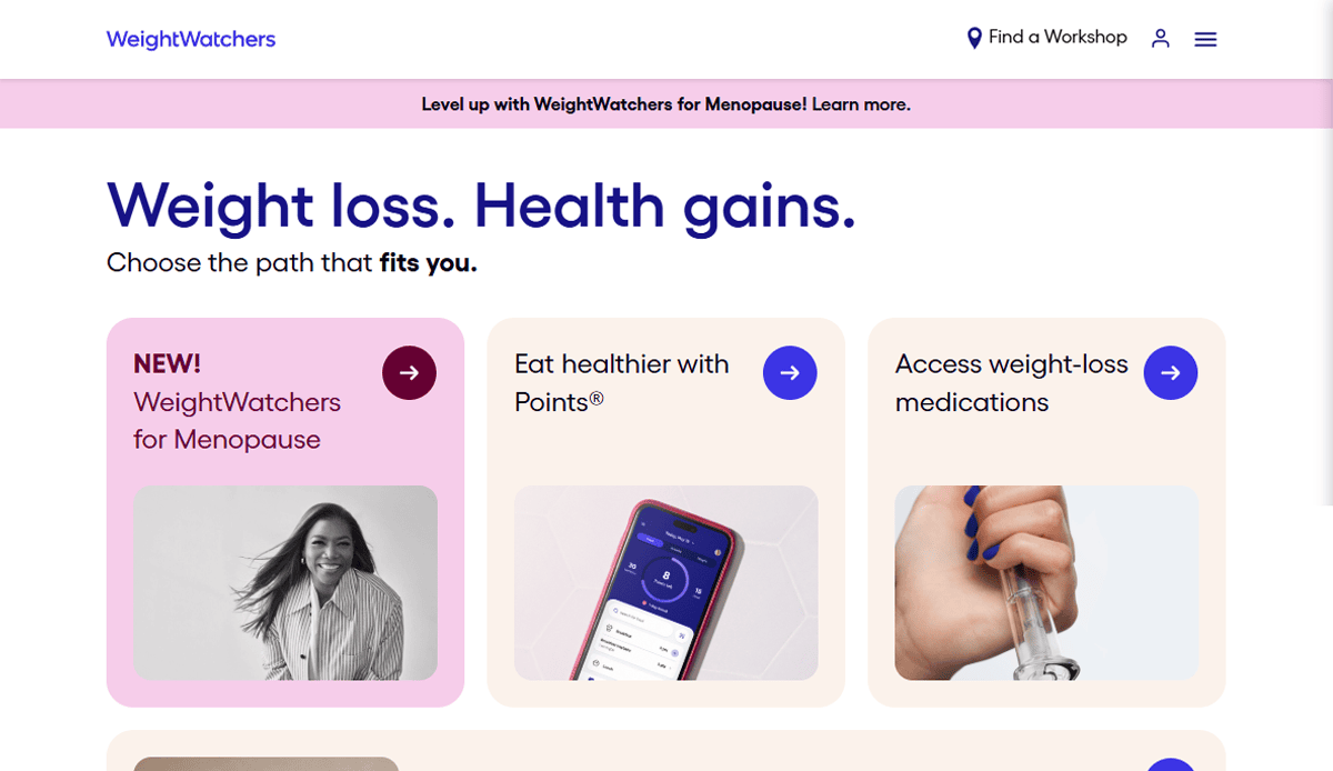 Screenshot of the WeightWatchers health & wellness website featuring three options: WeightWatchers for Menopause with a smiling woman, Eat healthier with Points® via mobile app, and Access weight-loss medications shown by a hand holding a syringe.