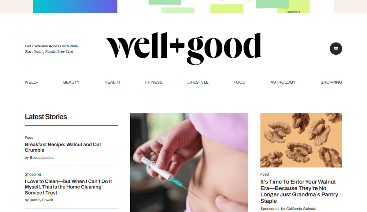 Screenshot of the Well+Good website homepage, featuring articles on health and wellness topics. Central image shows a person injecting themselves in the abdomen, with other images displaying walnuts. The navigation menu covers various lifestyle categories.