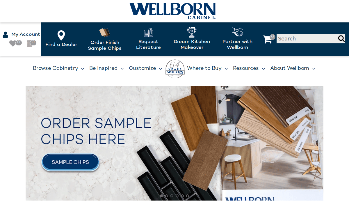 Screenshot of Wellborn Cabinet website homepage showing a banner to order sample chips, with images of wood samples on marble and wood backgrounds, navigation menus, and a “Sample Chips” button—highlighting thoughtful website design for cabinet makers.