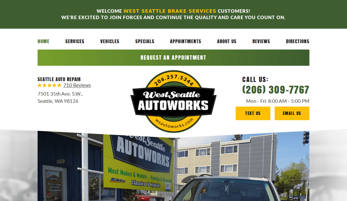 Screenshot of West Seattle Autoworks’ automotive website design, featuring their logo, contact info, service hours, address, and a banner stating Request an Appointment above an image of the shop and a car outside—built to turn clicks into customers.