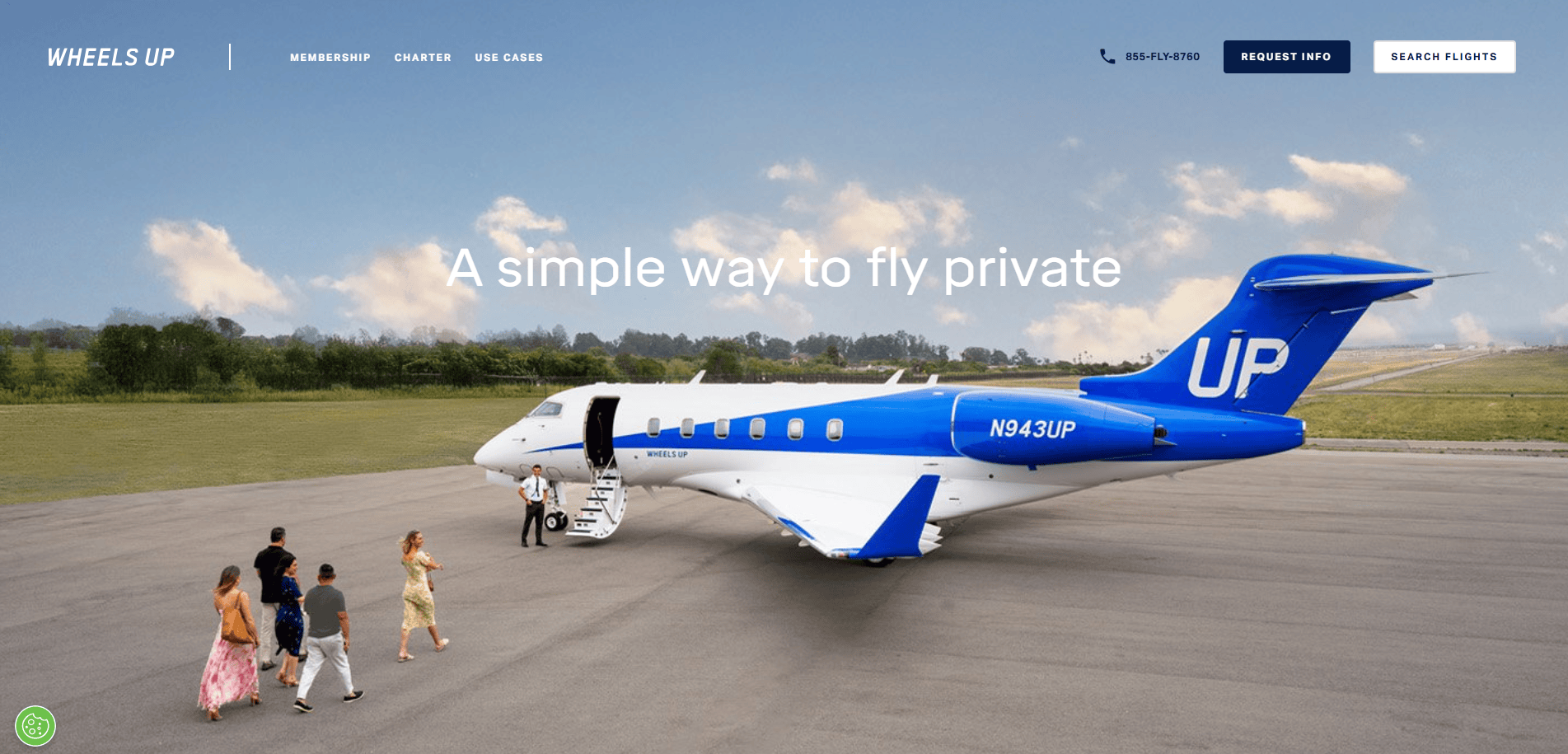 A group of people walk toward a blue and white private jet labeled “UP” on an airport runway under a blue sky, with the text A simple way to fly private displayed over this sleek digital hangar.
