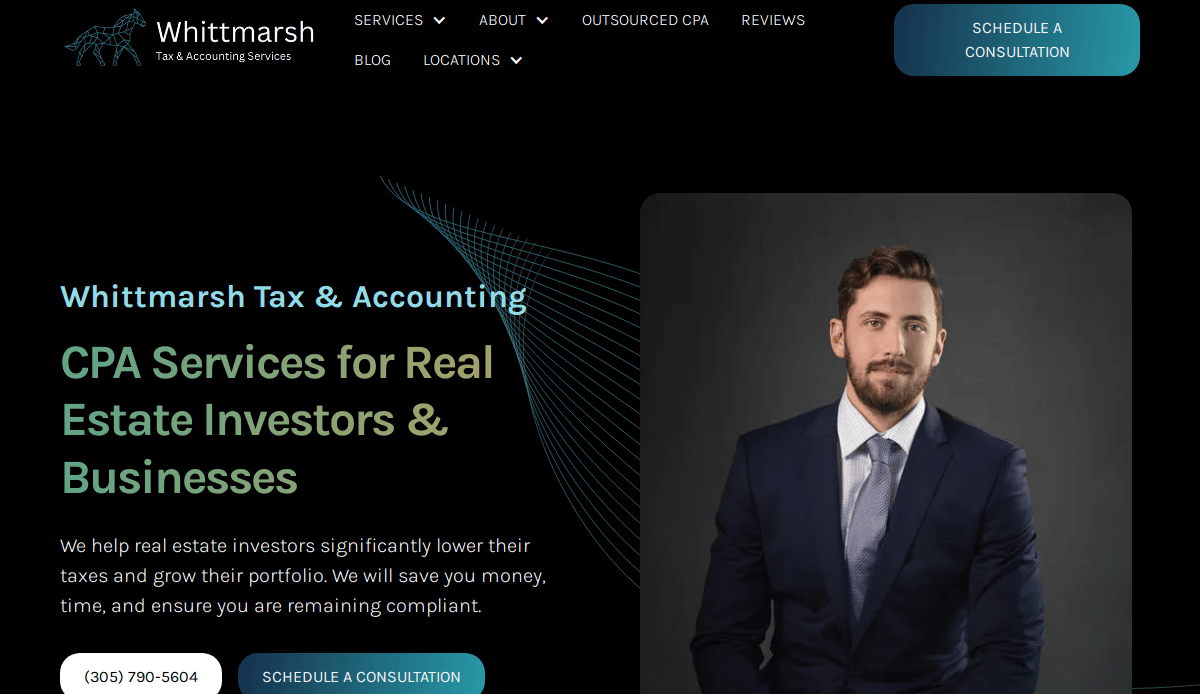 Homepage of Whittmarsh Tax & Accounting Services featuring a man in a suit against a dark background, with text highlighting CPA services for real estate investors and businesses—an example of a high-impact accountant website. Schedule your consultation today.