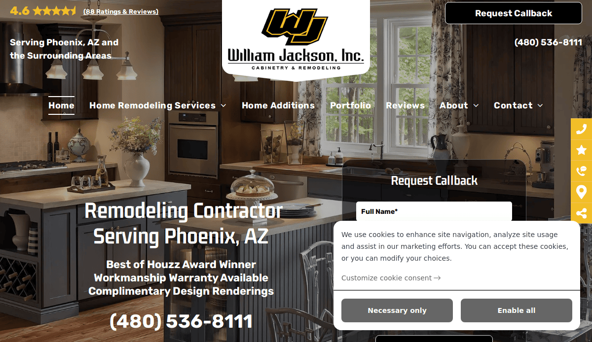 Screenshot of William Jackson, Inc. website design featuring a kitchen with wooden cabinets, contact options, navigation menu, ratings, and a pop-up form for callback requests. The cabinet makers serve Phoenix, AZ, as a remodeling contractor.