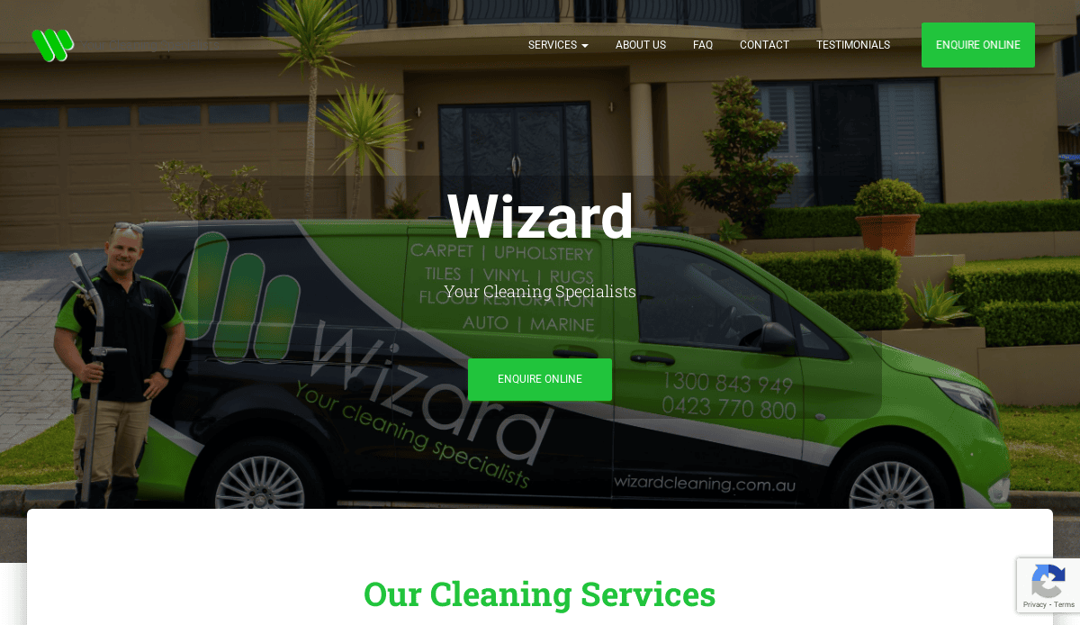 A man in a black and green uniform stands beside a branded van with Wizard Your Cleaning Specialists, parked by a modern house with greenery. Website header menu and buttons highlight professional carpet cleaning services.