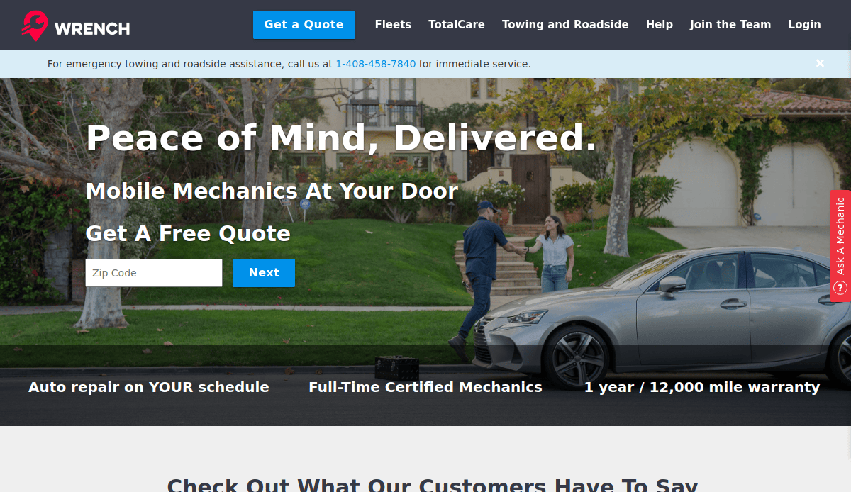 A woman stands next to a silver car in a driveway, talking to a mechanic holding tools. The Automotive Website Design turns clicks into customers with a quote form, clear service benefits, and expert mobile mechanic services.