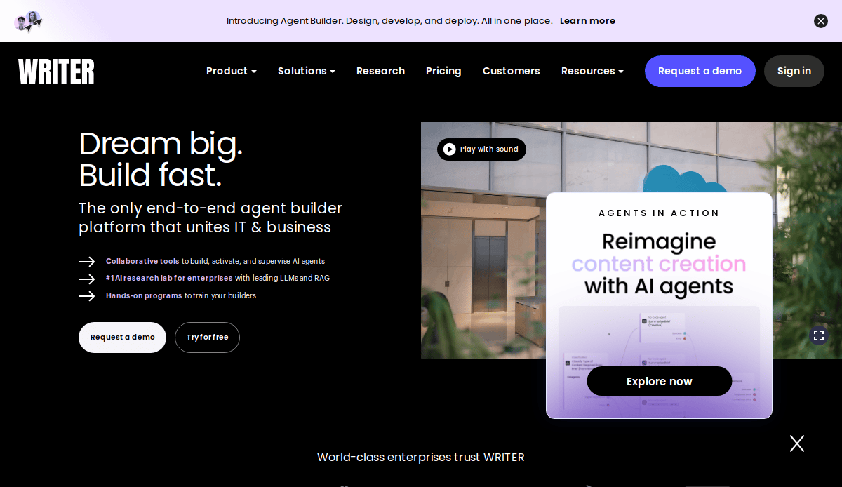 Screenshot of the Writer website homepage featuring text about their AI agent builder platform, navigation menu, a Request a demo button, and a highlighted section promoting AI-driven content creation and strategic AI website design.