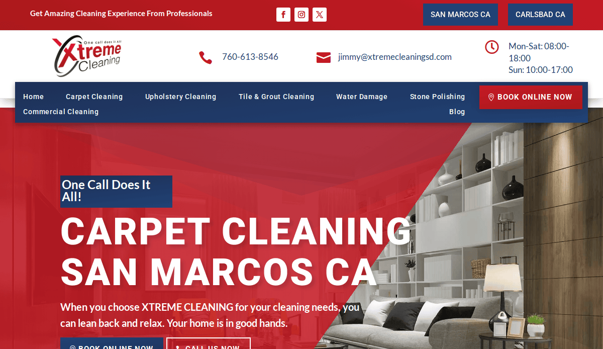 Screenshot of the Xtreme Cleaning website featuring a red and blue theme, contact info, navigation menu, and a banner promoting Carpet Cleaning in San Marcos, CA. The modern Website Design attracts and converts visitors with a stylish living room image.