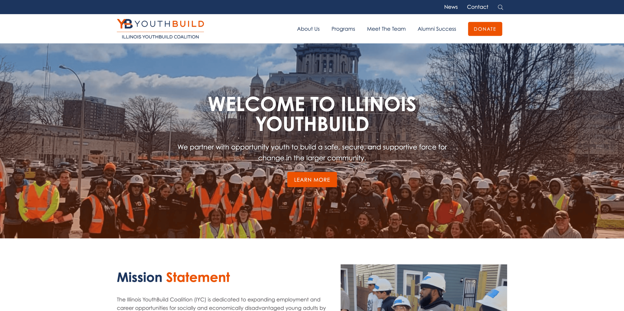 Screenshot of the Illinois YouthBuild Coalition website homepage, featuring a group photo of people in safety vests and hard hats, with text welcoming visitors and navigation options at the top—similar to programs found in Fort Lauderdale.