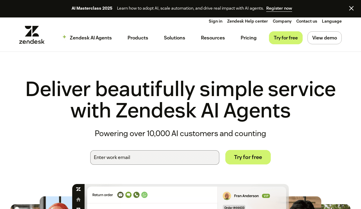 Zendesk AI Agents webpage exemplifies B2B website design, featuring a headline—Deliver beautifully simple service with Zendesk AI Agents—a text box for free trial email sign-up, navigation links, and Try it free and View demo buttons.