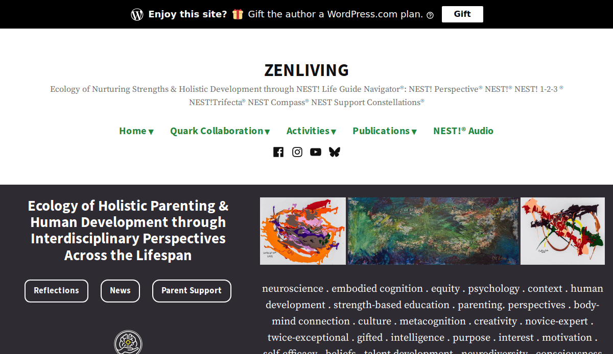 Screenshot of the Zenliving website, featuring the header, navigation menu, and highlighted sections on holistic parenting and human development, with abstract artwork and keyword tags below—showcasing a thoughtful approach to website design.