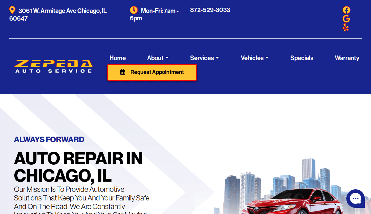 Screenshot of the Zepeda Auto Service automotive website design, with address, hours, and phone at the top, a navigation menu, and a highlighted yellow Request Appointment button to boost customer conversion. A red car and city skyline are featured below.