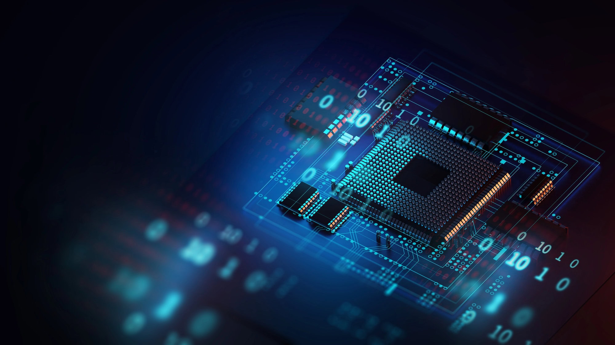 A glowing digital illustration of a microchip on a circuit board, surrounded by binary code and blue light effects, representing advanced technology, AI integration, and cutting-edge computing.