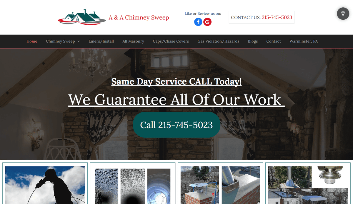 Screenshot of the A & A Chimney Sweep homepage, showcasing their logo, contact info, and a call-to-action for same-day service—an effective chimney cleaner website design to build trust online and attract local leads.