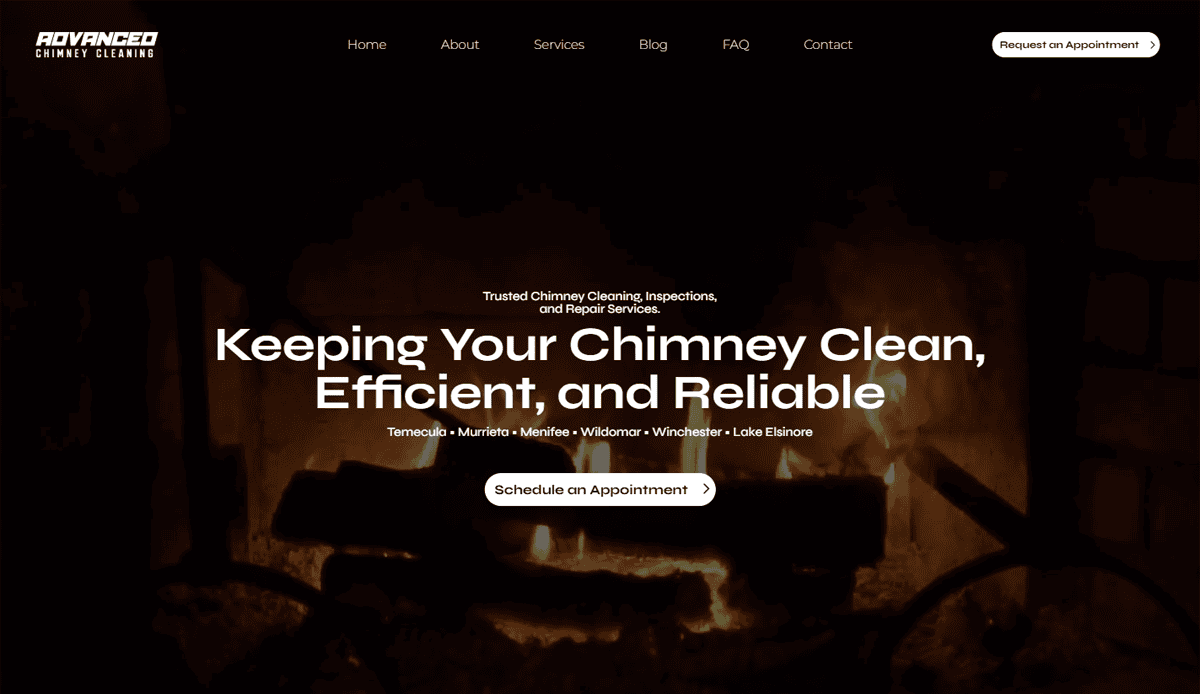 A cozy lit fireplace with burning logs is shown on the homepage for Advanced Chimney Cleaning. Bold text and a chimney cleaner website design attract local leads, with buttons to schedule or request an appointment.