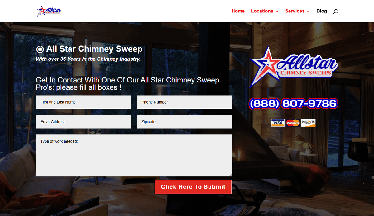 A screenshot of a Chimney Repair Website Design highlighting conversion features and Local SEO elements.