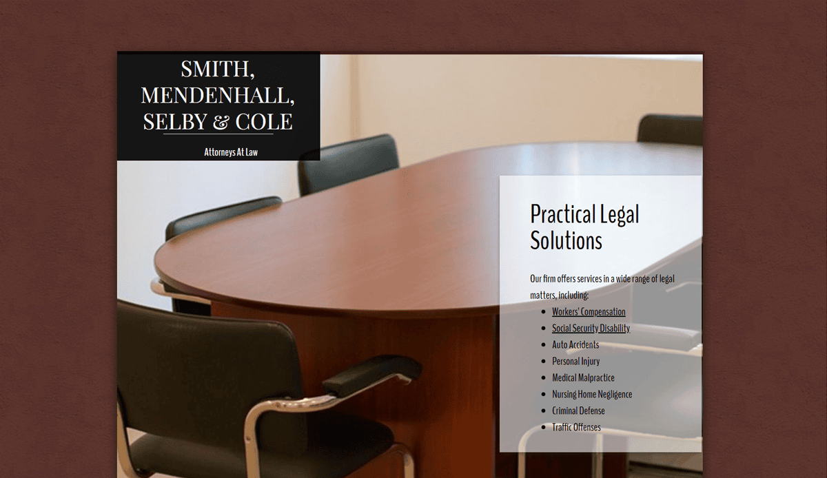 A conference room with a wooden table and black chairs; an overlay lists Practical Legal Solutions from Smith, Mendenhall, Selby & Cole, highlighting workers compensation and other legal services designed to boost conversions through expert attorney website design.