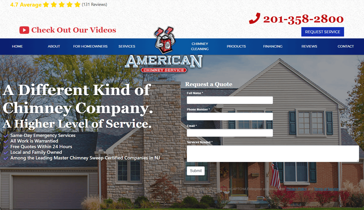 A chimney repair website design for American Chimney Service highlights a house exterior, contact form with conversion features, service details, star rating, and easy navigation—perfect for local SEO targeting New Jersey chimney cleaning and repair.