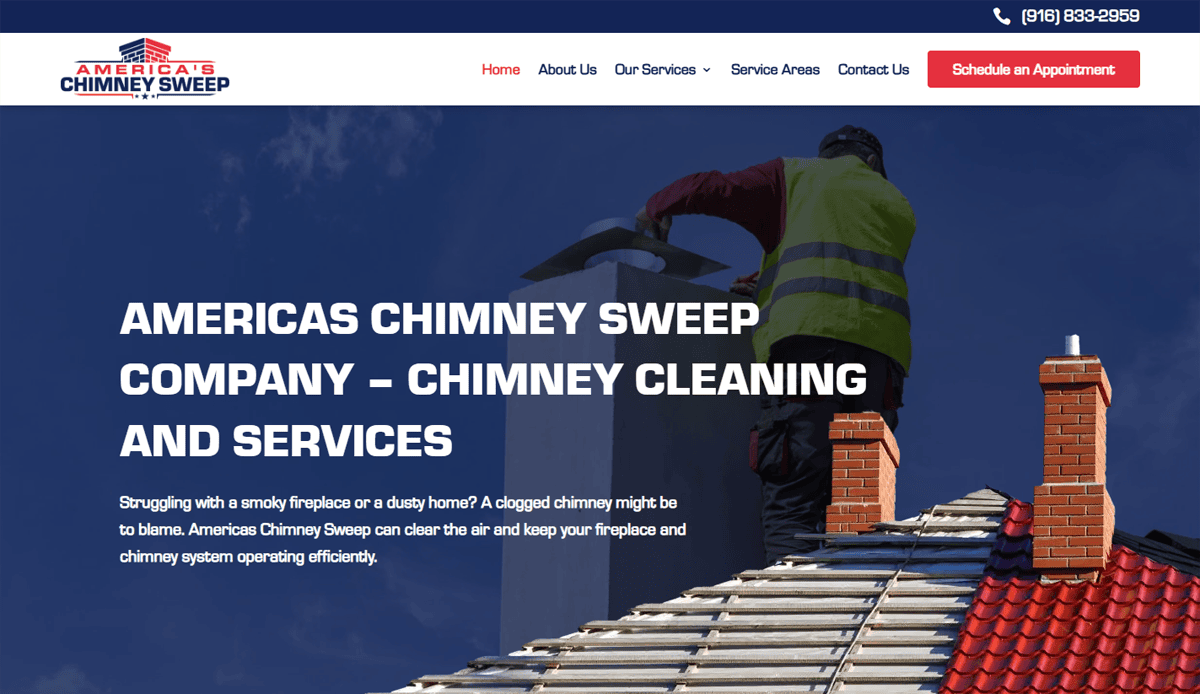 A worker in a yellow vest cleans a residential chimney on a roof, with the websites headline Americas Chimney Sweep Company - Chimney Cleaning and Services and contact options visible at the top.