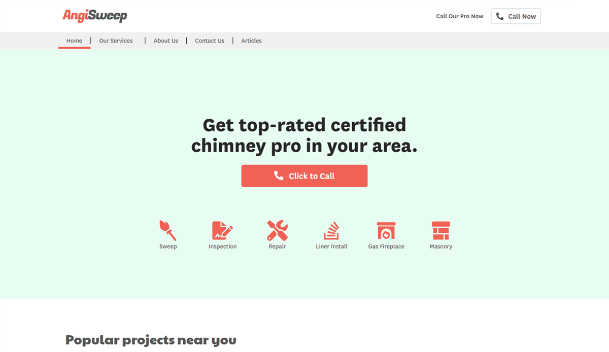 Screenshot of AngiSweep homepage featuring a banner with Get top-rated certified chimney pro in your area, a red Click to Call button, service icons, and a chimney cleaner website design built to attract local leads and build trust online.