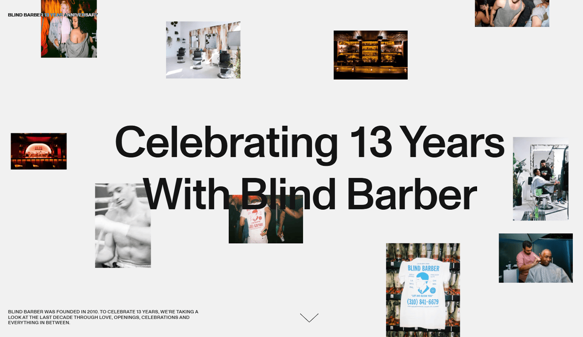 A collage of small photos surrounds large bold text that reads “Celebrating 13 Years With Blind Barber” on a white background, featuring images of people, barber scenes, drinks, events, and sleek barber shop website design inspiration.