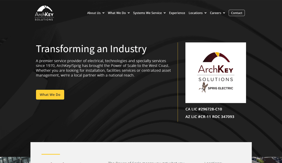 Screenshot of ArchKey Solutions website homepage showcasing company logo, a description of services, and a What We Do button. On the right, a Sprig Electric logo appears with license numbers—highlighting expert website design for commercial electricians.