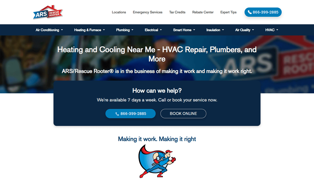Screenshot of the ARS/Rescue Rooter homepage, featuring a header menu, company phone number, and a central section offering HVAC repair and plumbing services—showcasing effective Plumbing Website Design with a superhero mascot and the slogan, “Making it work. Making it right.”.